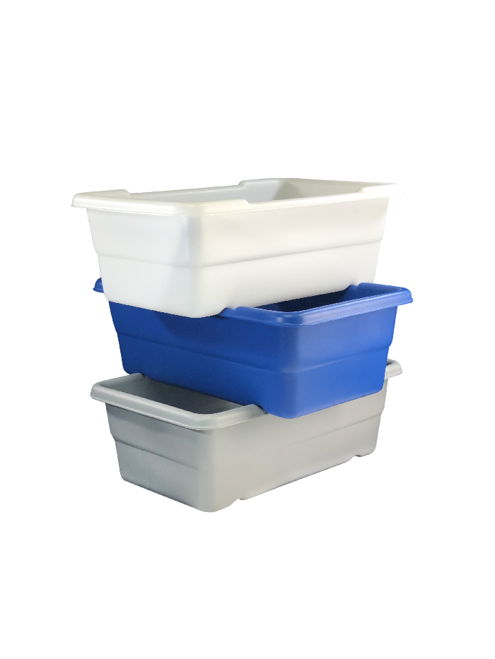 Shirley K's cross-stack plastic material handling totes, SKU 319, in white, blue and gray