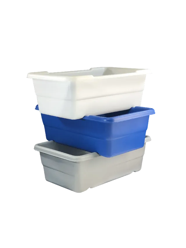 Shirley K's cross-stack plastic material handling totes, SKU 319, in white, blue and gray
