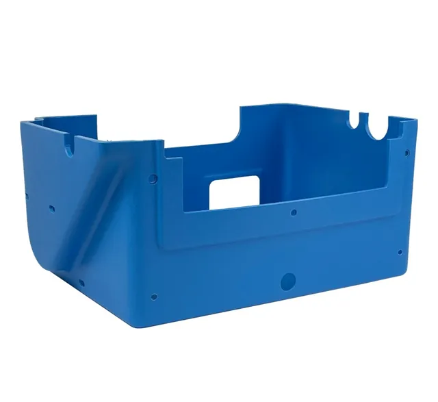 Blue custom thermoformed part by Shirley K's, CNC-trimmed with cutouts and mounting holes