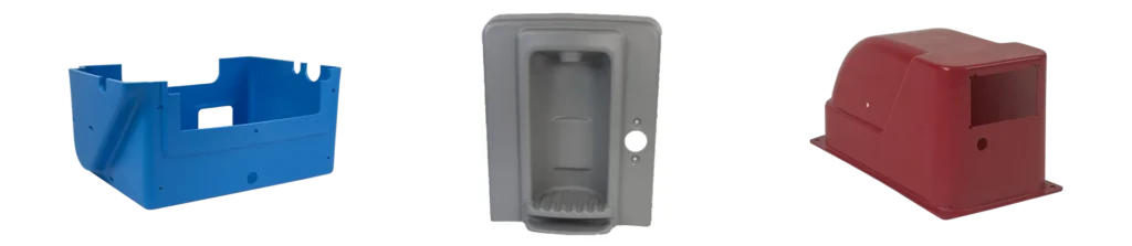 Custom thermoformed parts by Shirley K's: a blue tray, a gray housing and a red enclosure cover