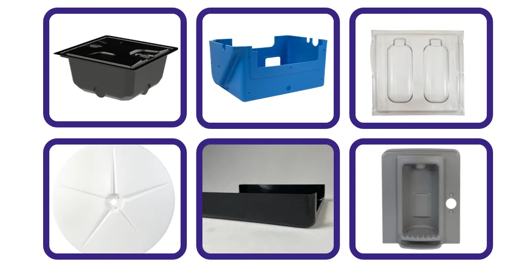 Representative custom thermoformed plastic parts made by Shirley K's