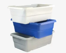 Plastic food handling trays suitable for food contact: white and blue stackable food contact containers with custom thermoforming