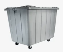 Gray industrial material handling container with wheels for heavy-duty warehouse use
