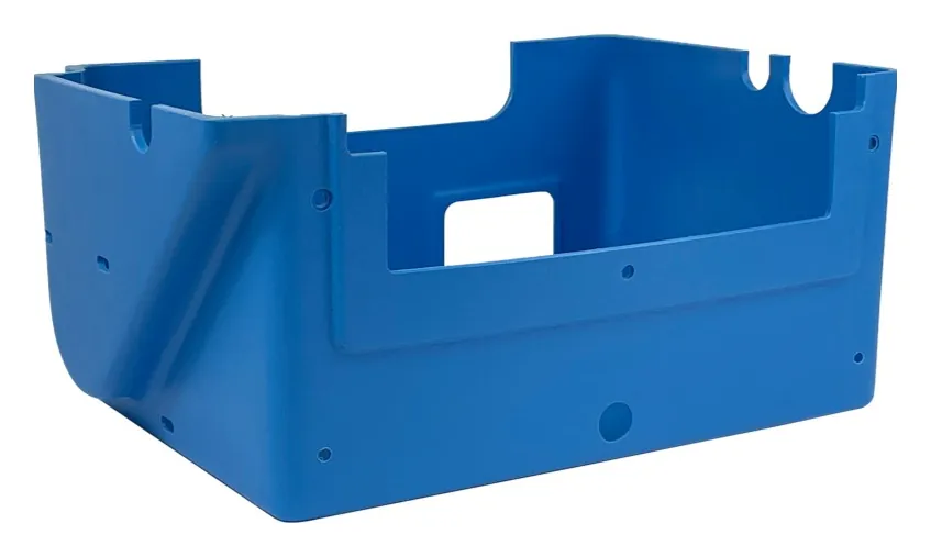 Blue custom thermoformed part by Shirley K's, CNC-trimmed with cutouts