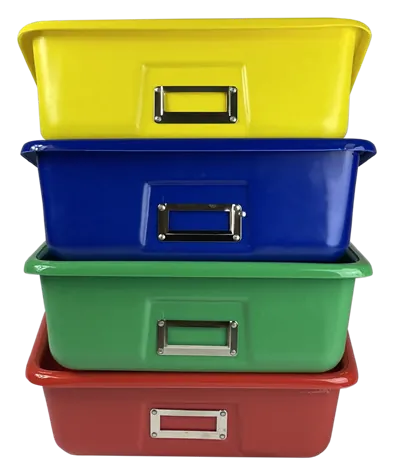 Stacked yellow, blue, green and red Shirley K's plastic storage trays with label holders