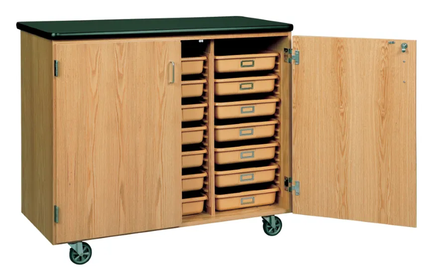 Shirley K's plastic storage trays in a classroom cabinet
