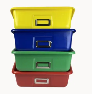 Stacked colorful plastic organizational trays for storage tray size selection